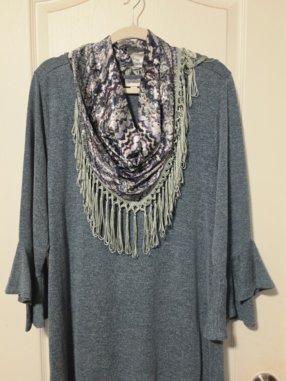 Avenue Heather Teal Fringe-Scarf Tunic Top